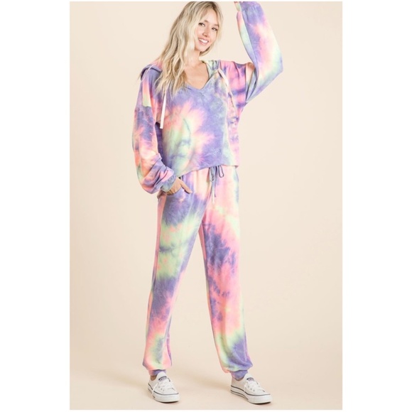 Bibi Tie Dye French Terry Hoodie Long Sleeve Top Joggers Set - Picture 3 of 6